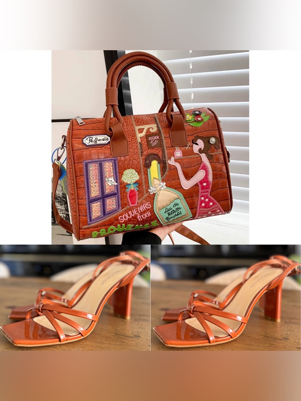 Embroidered Patch Brown Satchel Handbag with  Heels